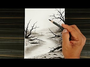 Landscape scenery drawing of dry trees, river and deserted forest step by step with pencil.
