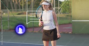 female tennis player holding racket on outdoor court, featuring animated speed graph and spin meter