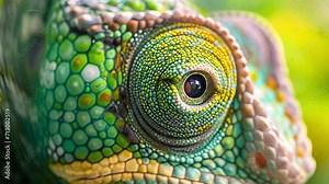 A detailed shot of a chameleons eyes their unique shape and ability to move independently aiding in its ability to spot and blend into its surroundings