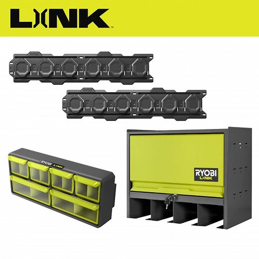 RYOBI LINK Steel Lockable Tool Organizer Cabinet, Wall Rails (2-Pack) and 12-Compartment Small Parts Organizer Combo - The Home Depot