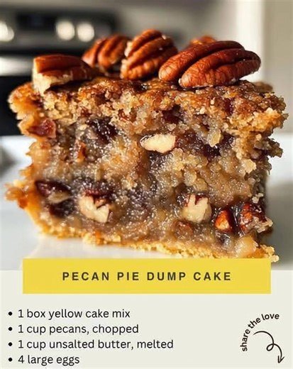 1.9M views · 9.9K reactions | Pecan Pie Dump Cake Ingredients (Serves 10–12) 2 cups chopped pecans 1 cup brown sugar, packed 1 cup light corn syrup 4 large eggs, lightly beaten ½ cup melted butter (1 stick) 1 tsp vanilla extract 1 box yellow cake mix (dry) | Daily Recipes | Facebook