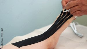 Physiotherapist hands placing kinesio tape on patient shin, instep and toes. Close up
