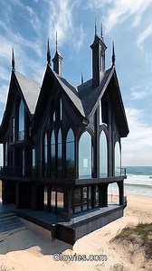 35K views · 1.3K reactions | Black gothic beach houses look cool and different by the ocean. They have tall windows, pointy roofs, and fancy wood shapes. The black color looks bold against the bright beach sand. These houses feel like they belong in a spooky story. With the sound of the waves and the salty breeze, they feel a little magical. It’s a fun place for a beach day with a gothic twist! | Gothic Darling | Facebook