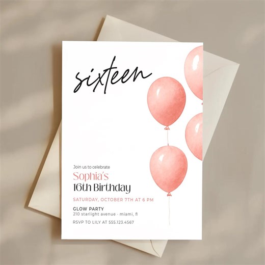 16th Birthday Invitation, Pink Balloon Sweet 16 Year Old Girl Invite, Teenager Birthday Party Invitation, Minimalist Sixteen Invite - Etsy
