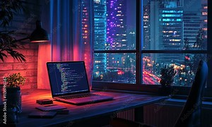 Nighttime coder's workspace with city view and neon lighting Stock Video