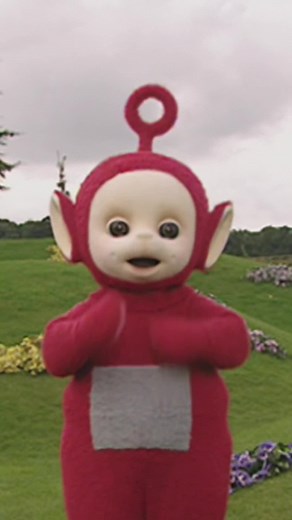 Po knows how to roll with it 😏❤️ Video: Po, the red Teletubby, rolls down the hill outside.