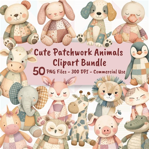 50 Cute Patchwork Animals PNG Clipart Bundle, Adorable Baby Animal Illustrations, Boho Watercolor Nursery Clip Art, Instant Download - Etsy