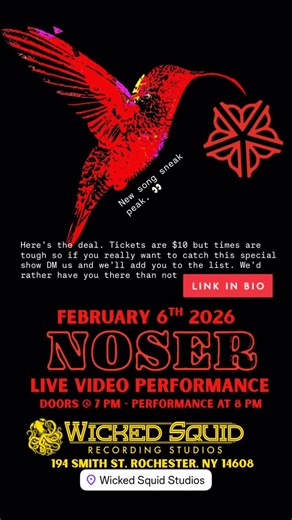 Noser on Instagram: "Rochester! We are coming up to film a live video performance. We will be playing the set straight through (Maybe a couple times). We will be filming at Wicked Squid Studios in front of a live audience. Don’t miss the opportunity to be a part of this very special set. We have put tickets on sale for $10. If you personally DM us and ask to be added to the list you will get in free of charge. We would rather have you there so please don’t be afraid to DM. 45 spots available tot