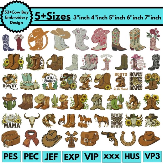 Cowboy Machine Embroidery Designs Cowboy Boots & Hat Embroidery Western Cow Boy Rodeo Stitch Pattern Cowboy Set Embroidery Pes Files 5 sizes - Etsy