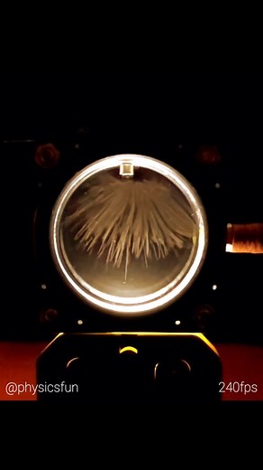 physicsfun on Instagram: "Am-241 in Wilson Cloud Chamber: The typically invisible ionization tracks of alpha particles emitted from a radioactive source are revealed in this miniature expansion type cloud chamber. When an americium nuclei disintegrates it ejects a high speed chunk of protons and neutrons (2 of each) called an alpha particle which then plows through the air creating a trail of ions, tearing electrons off any nearby molecules it passes by. A rapid decrease of pressure (releasing t