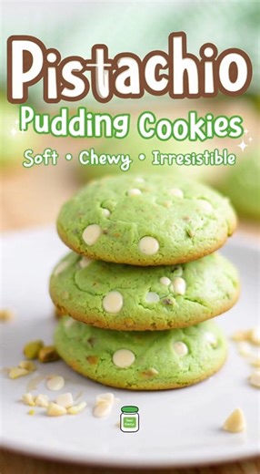 🟢 Pistachio Pudding Cookies Ingredients ½ cup butter, softened ¾ cup sugar 1 large egg 1 tsp vanilla extract 1 box (3.4 oz / 96 g) instant pistachio pudding mix 1½ cups all-purpose flour 1 tsp baking powder ¼ tsp salt ½ cup chopped pistachios (optional) ½ cup white chocolate chips (optional) Instructions Preheat oven to 180°C / 350°F. Line a baking tray with parchment paper. Cream butter and sugar until light and fluffy. Beat in egg and vanilla. Mix in pistachio pudding mix. Add flour, baking p