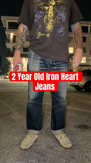 Austin shows off his 2 year old Iron Heart jeans #selvedgedenim #japanesedenim