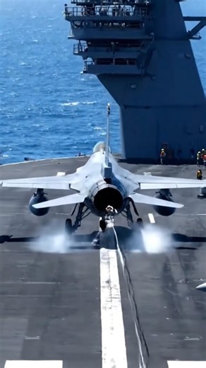 An F-16 fighter jet comes flying in from the sky and lands on the aircraft carrier.#USA #airforce