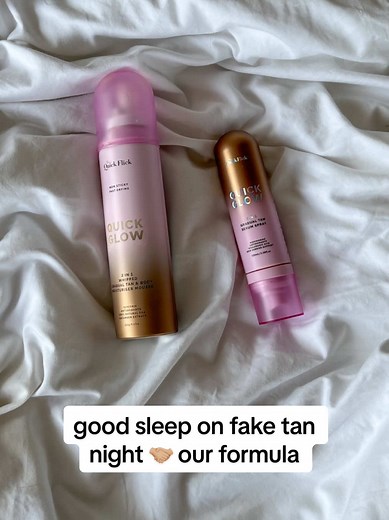 Replying to @Nadelweiss Not your precious sleep girl 😭 White sheets, pink sheets, cream sheets.. it doesn’t matter 😏 You can sleep soundly with our Quick Glow 2 in 1 Gradual Tan & Body Moisturiser Mousse 2 in 1 Gradual Tan & Serum Spray 💤 Why? Our clear formula of course 🔍 Because we don’t add any unnecessary dyes into our formula, you can go about your tanning night without any extra sleeping silk slips or special pair of old pyjamas to try and avoid stains 🛌 ✨ It’s a favourite for a reaso