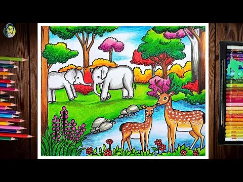 Beautiful Forest Scenery Drawing | Wildlife Drawing | How To Draw A Forest Scenery | forest Drawing