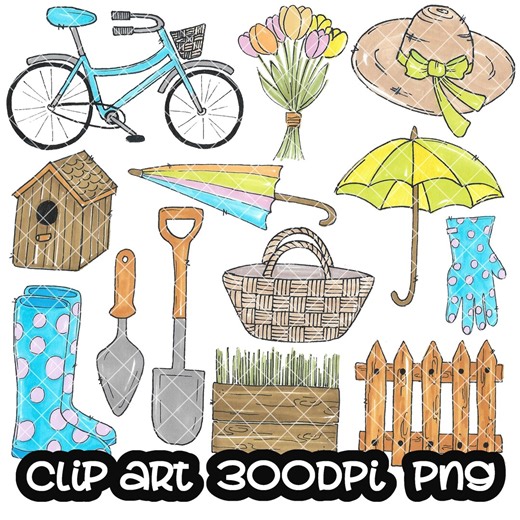 Spring Clip Art Watercolor Digital Flowers Umbrella Bike Clipart PNG - Etsy