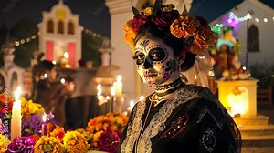 Traditional Day of the Dead Celebration at Night with Candlelight