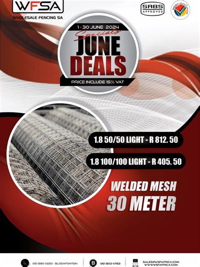 JUNE MONTH DEALS AT WFSA 05-30/06/24 ☎️Bloemfontein Branch Tel: 051 – 880 – 0220 📞WhatsApp: 061-803-478 🔴Bloemfontein Branch Adress 23 Krause St, Oranjesig, 9301, South Africa Heruma Court, Krause St, Oranjesig, 9301, South Africa Limited stock available First come first serve on the stock. #steel #fencing #wire #barbedwire #manufacturers #wholesalers