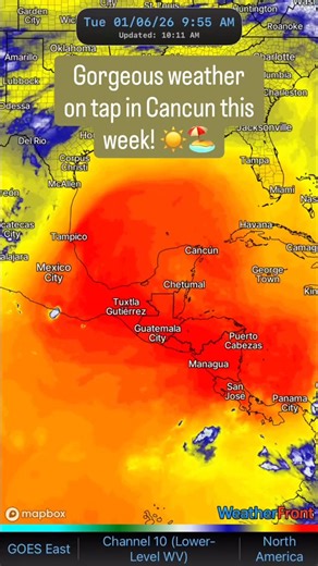 WeatherFront on Instagram: "A magnificent week in paradise. ☀️🏖️ This low-level water vapor satellite loop shows warm temperatures over most of the Gulf, Southeast Mexico, and Central America. These warmer temperatures imply sinking motion as air heats up and dries out, producing a dome of high pressure. That means plenty of sunshine and warm weather this week for many beach destinations!"