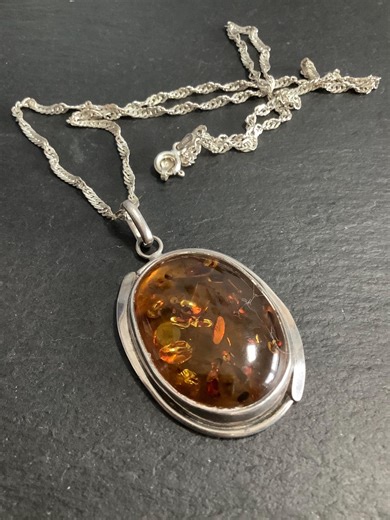 Sterling Silver Amber Pendant and Chain - Etsy