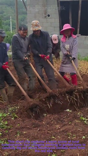 Teamwork Harvesting Houttuynia Cordata: Digging Whole Roots Intact