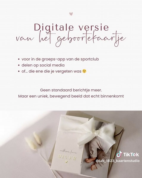 Dit is dus zó’n upgrade waarvan je denkt… waarom was dit er nog niet? 🤍 Je geboortekaartje is vaak het eerste wat je deelt, maar meestal… gewoon als foto Zonde Want dit moment verdient meer! Daarom krijg je nu bij de PNG optie ook een video van het geboortekaartje, zodat je de geboorte van jullie kindje nog uitgebreider kunt delen. voor in de groeps-app van de sportclub delen op social media of… die ene die je vergeten was 😉 Geen standaard berichtje meer. Maar een uniek, bewegend beeld dat ech