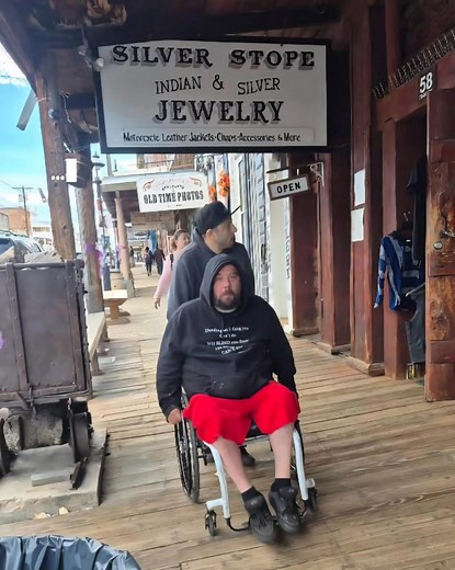 I got to see my best friend this weekend. Went to Virginia city on some non wheelchair friendly sidewalks. So just like old times he wanted to make sure I could still hold on to my chair for dear life🤣🤣 | Pat Russo
