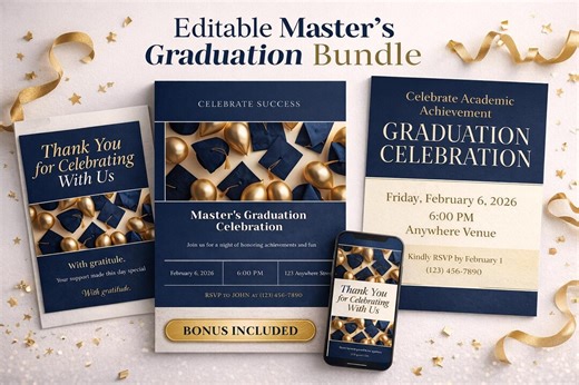 Editable Master’s Graduation Invitation Bundle | Navy & Gold Graduation Party Invite, Welcome Sign With Thank You Card - Etsy