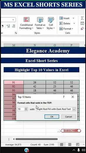 Day-36 | Highlight Top 10 Values in Excel 🔥#excel #msexcel #eleganceacademy #highlights