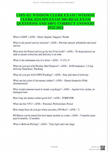 USPS 421 WINDOW CLERK EXAM - WINDOW CLERK 421USPS EXAM 300 REAL EXAM QUESTIONS AND 100% CORRECT ANSWERS 2023/2024 #usps #windowclerkexsam #realexam #fliwy #fliwy.com https://www.fliwy.com/item/367058/usps-421-window-clerk-exam-window-clerk-421usps-exam-300real-exam-questions-and-100-correct-answers-20232024