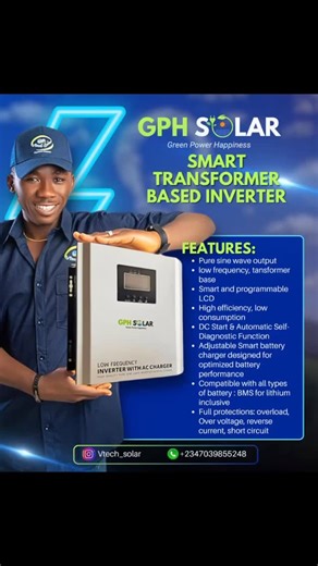 GPH SOLAR INVERTER FEATURES 💎 -Pure sine wave output ⭐️-low frequency, tansformer base 📍-Smart and programmable LCD 🔋 -High efficiency, low consumption ✍️-DC Start & Automatic Self-Diagnostic Function 💪-compatible with all types of battery : BMS for lithium inclusive 🪖-Full protections: overload, Over voltage, reverse current, short circuit HOW TO ORDER : Walk into our Office ; 📍LOCATION - FL541. Up after first bank alaba international market, Ojo Alaba, Lagos ✅ Call : 📞 07039855248 (What