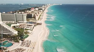 Aerial view of Caribbean Sea beach. Top view aerial video of beauty nature landscape with tropical beach. Cancun, Mexico