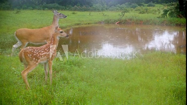 Beautiful White-tailed deer fawn walks into the view, with a doe and a velvet buck following, in a thunderstorm in summer, next to a small pond