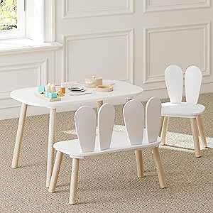 UTEX Kids Table and Chair Set, Toddler Table with Bunny Chair and Bench, 3 Pieces Wooden Children Table for Kids Room, Classroom, Nursery, White