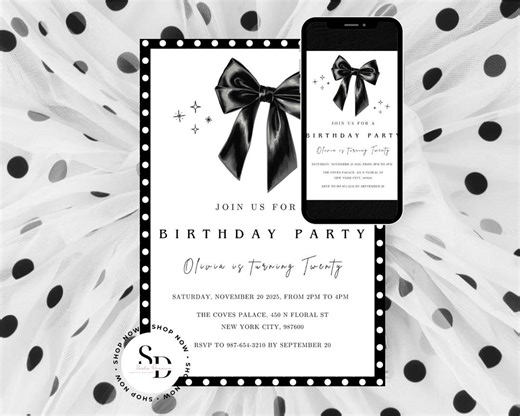 Polka Dot Bow Birthday Invitation - Elegant Coquette Girls Birthday Party Invite - Etsy