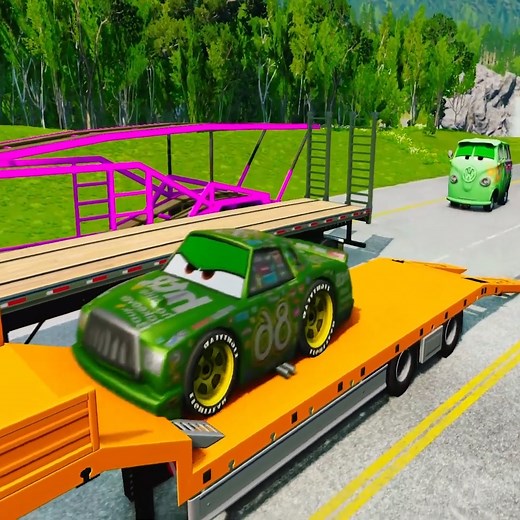 Quadruple Trucks Transporting cars with Flatbed Trailers _ Cars vs Speedbump vs Train vs Pothole Ep.25 #CarTransport #fblifestyle #flatbedtruck #BeamNGDrive #FlatbedTruck | Gamingworld