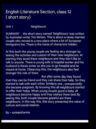 ||Summary of Short story unit 1 Neighbour||Full Concept||Easy#class12 #english #neb #suraazeducation