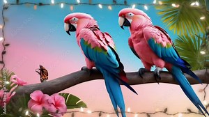 Pink and blue macaw with butterfly on branch on light decoration frame