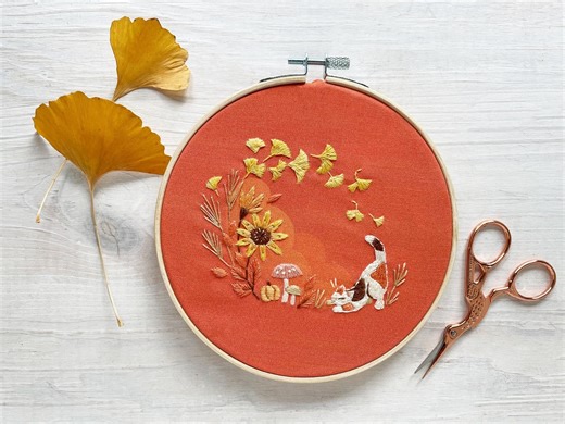 Lucky Ginkgo Cat Hand Embroidery Sampler, Autumn DIY Decor - Etsy
