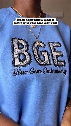 For one, the font pairs well with script above or below it. Have you tried it yet? This would work well for small business owners or schools. Matter of fact, it can work for any niche once they love lace. I would say to experiment and see what your customers love. So far I’ve seen it used for monograms, states, full names, single letters, you name it. I love this font so much that I had to create a business shirt for myself. Have you tried my lace satin font yet? #machineembroidery #embroidery #