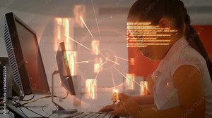 Boy pressing keys, typing commands in tech lab, forming orange data blocks visualizing code network