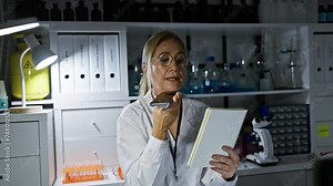 Mature woman scientist using smartphone and taking notes in a modern laboratory setting surrounded by equipment