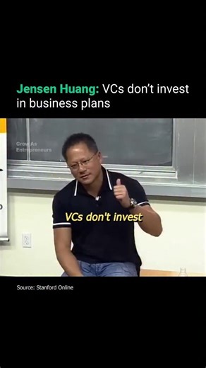 Grow As Entrepreneurs on Instagram: "Jensen Huang explains that VCs don’t invest in business plans; they invest in people. A polished document is easy to create, but a proven reputation is not. One strong track record can influence a VC more than a 20-page plan ever will. He highlights that market size is critical. If a VC puts in $10 million but the total market is only $20 million, returns are impossible. But when the opportunity is in a $200 billion market, the investment becomes strategicall