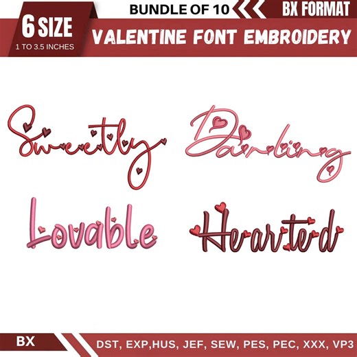 BX Valentine Machine Embroidery Font, Cursive Script Alphabet, Satin Stitch Heart, PES, DST, Boho Signature Font, 6 Sizes, Instant Download - Etsy