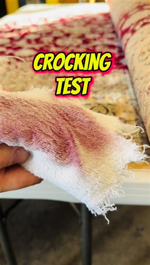 What is Crocking? 🧵🎨 Crocking is the transfer of dye from a textile onto another surface through rubbing, in this case we are testing the cleaning solution that we want to use on the rug to see if we get a transfer of colour on our Terry towel. Why it matters: Crocking can indicate wether there is excess or unstable dye in a rug before washing. While it doesn’t always mean a rug is defective( as with this amazing pure silk Nain) it does mean extra care is needed to prevent colour migration. Ho