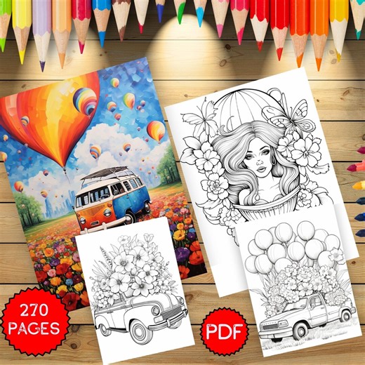Hot Air Balloon Coloring Pages, 270 Retro Van and Flower Car Designs, Travel Adventure Coloring Book for Adults, Printable, Digital Download - Etsy