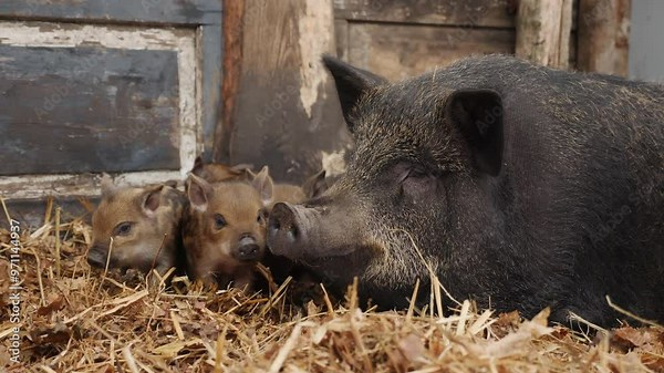 A black sow lies on straw in a pen next to several striped piglets. The piglets near her are exploring their surroundings