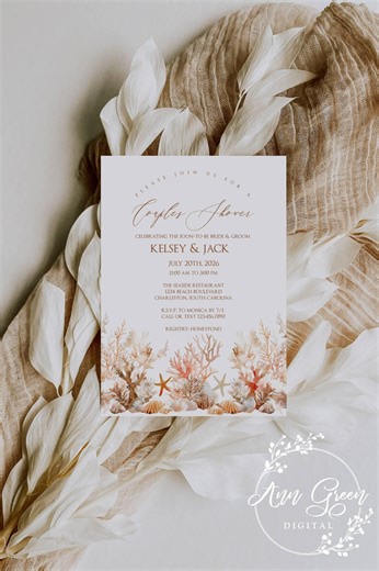Beach Couples Shower Invitation, Coral Starfish Design (corjl Digital Download Template) - Etsy