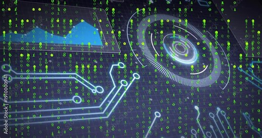 Booting UI, holo target rotating, pulsing, binary stream cascading, panning, zooming, showing flow