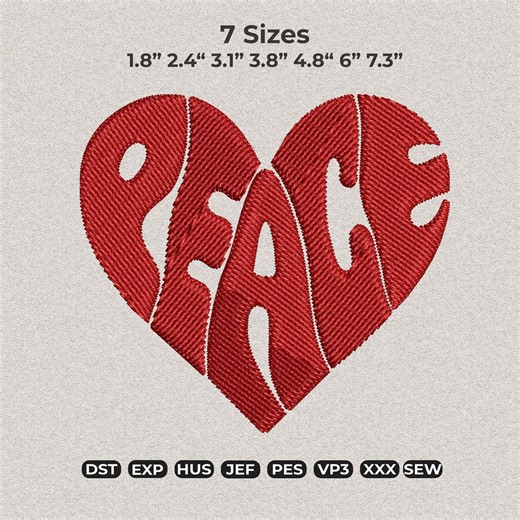 Peace Heart Word Embroidery Design, Groovy Heart Bold Letter Machine Pattern, Retro Love Quote Digital File - Etsy